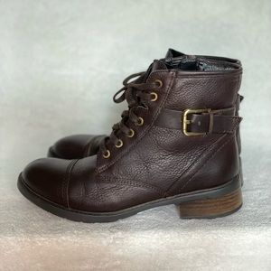 Clarks Women's Swansea Ledge Motorcycle Boots, fleece lined, brown leather, 7.5